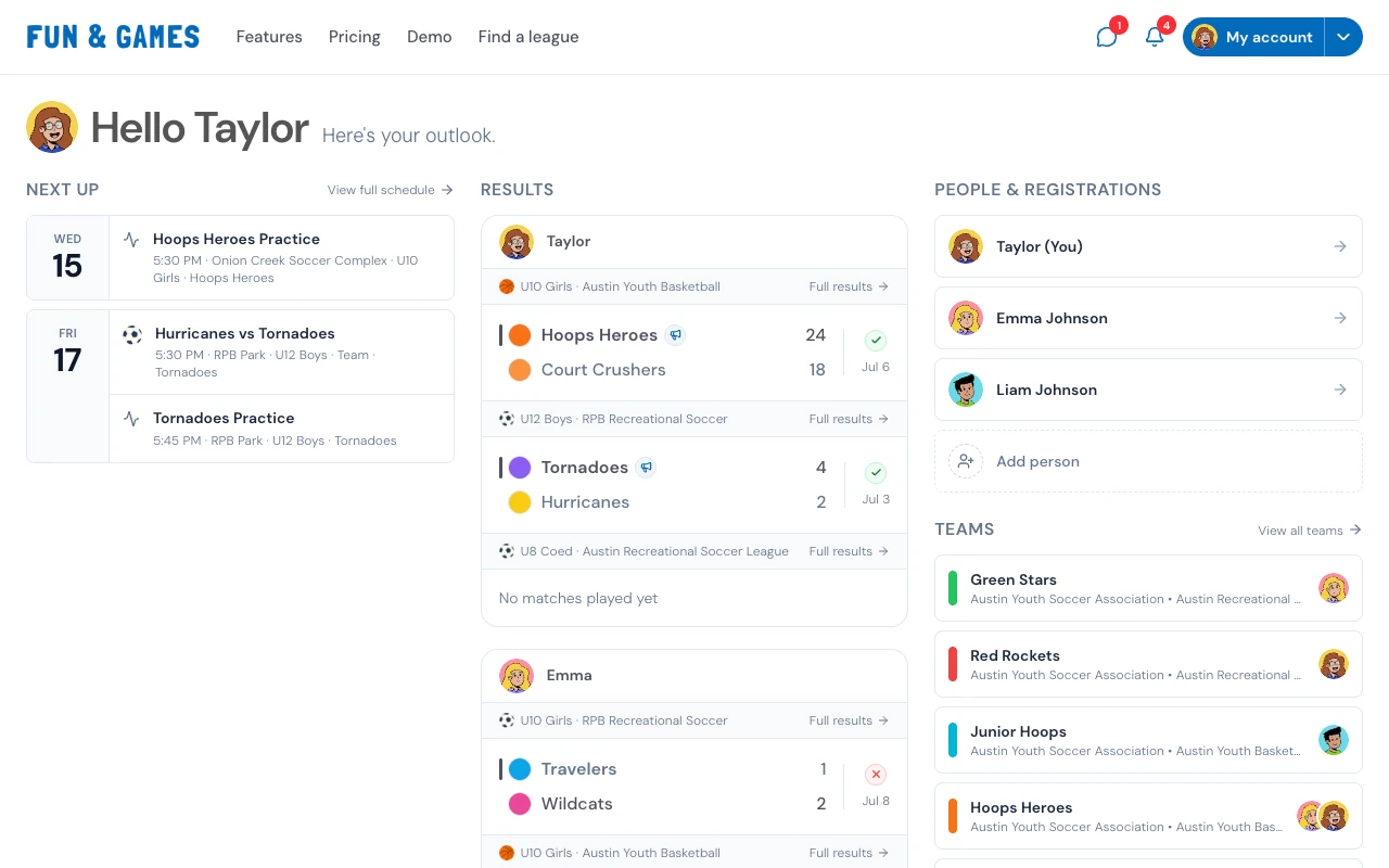 The Fun & Games parent account page showing next-up games, recent results, and a family's players and teams
