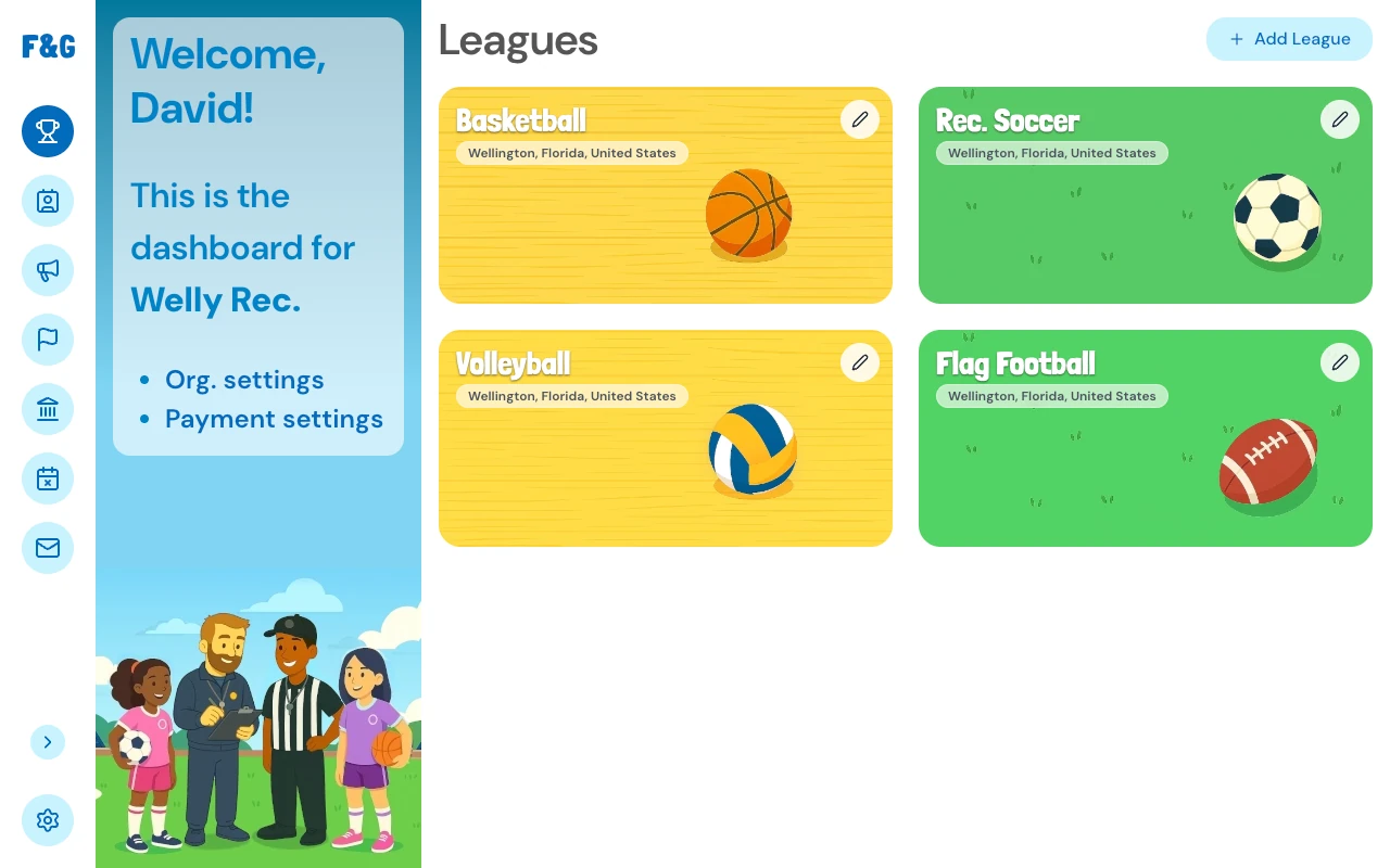 The Fun & Games admin dashboard showing a league's basketball, soccer, volleyball, and flag football programs