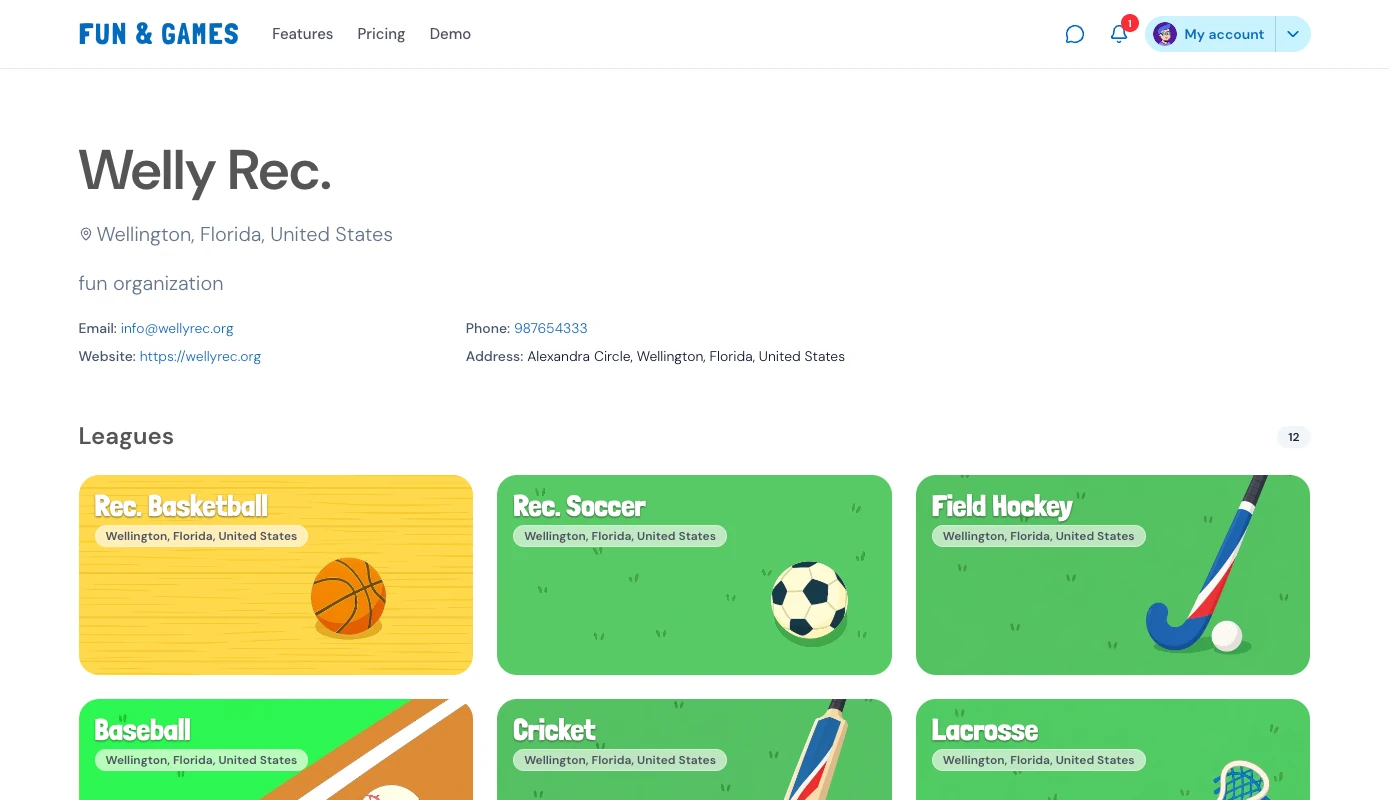 A Fun & Games public organization page showing the league's schedule, standings, and team listings